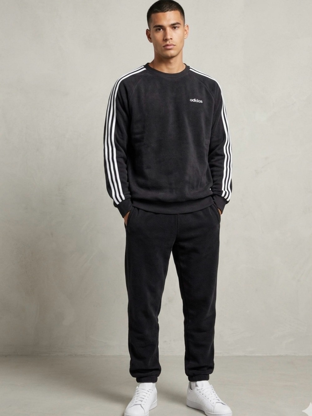 Vintage adidas Men’s Black Crewneck Sweatshirt with White Stripes